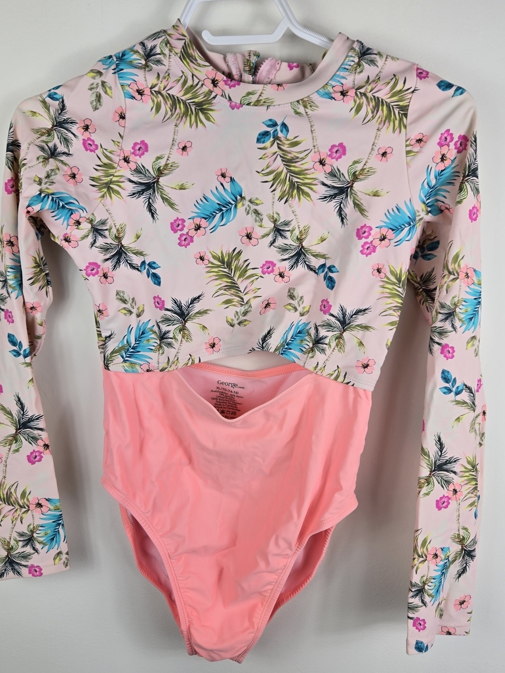George Kids Tropical Floral Cutout Swimsuit Rashguard Surfcore Long Sleeve XL
